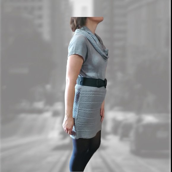 Cato Sweater Dress - Grey Cable Knit - Cowl Neck - Mini Skirt - Wide Belt - Picture 3 of 9